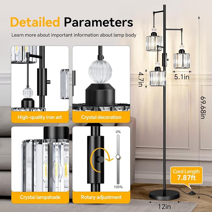 Black Tree Floor Lamp with 3 Crystal Cage Lampshades & Dimmable Bulbs - 70" Vintage Glam Standing Lamp for Living Room Bedroom, Industrial Modern Decor with Crystal Ball Accents (Black)