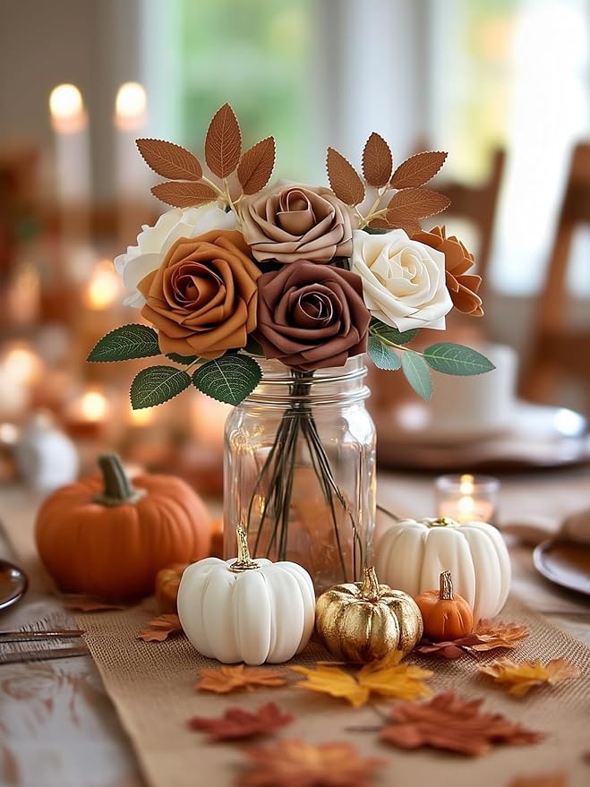 InnoGear Artificial Flowers, 50 Pcs Shades of Earth Tones Foam Fake Roses Bulk with Stems for Autumn Fall Decoration DIY Wedding Bouquets Centerpieces Bridal Shower Party Christmas Tree