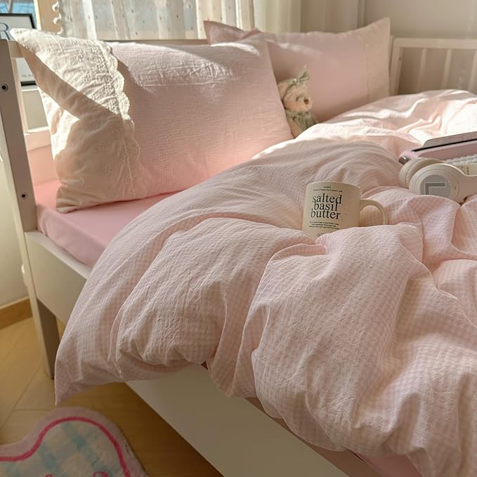 VM VOUGEMARKET Pink Full Comforter Set 3 Pieces Romantic Lace Bedding Set Simple Cozy Plaid Gingham Comforter/Quilt for Teen Girls Students