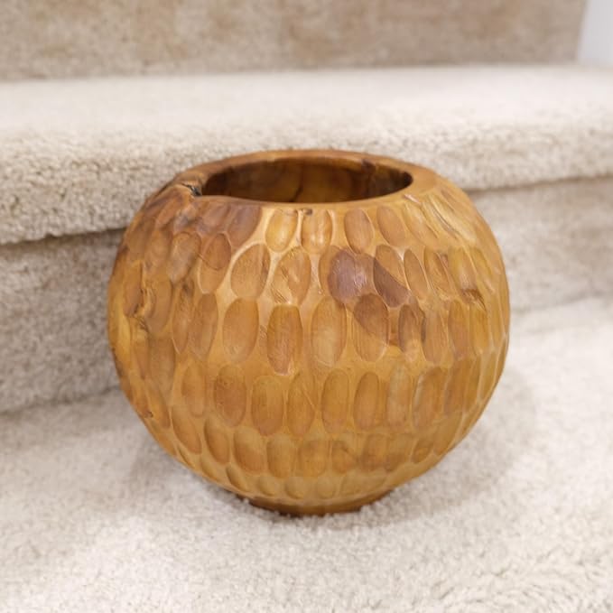 Teak Wooden Handcrafted Pot 9.5" x 9.5" x 7.1"H Natural Wood Round Vase Handmade Rustic Flower Holder for Entry Table Brown Stain Vintage Artworks Planter Living Room Home Christmas Décor