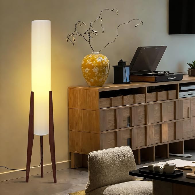 Wabi-sabi 50" Wooden Tripod Floor Lamp Linen Floor Lamp Paper Lantern Inspired Fabric Standing Lamp With E26 3-Color Temperatures Solid Wood Tall Light For Living Room Bedroom (Includes Bulb)