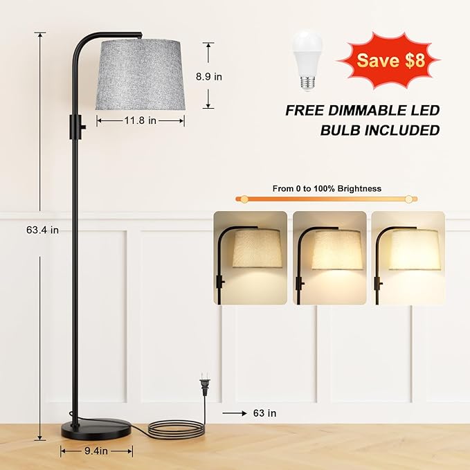 Ambimall Fully Dimmable Floor Lamp with 9W LED Bulb - Standing Lamp for Living Room with Adjustable Head, Modern Tall Light with Rotary Switch for Office, Black and Grey