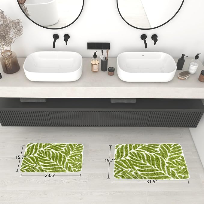 Grass Green Leaf Bathroom Rugs - Cute Bath Mat, Green Bath Mats Non Slip Machine Washable Funny Bathroom Decor Water Absorbing Bath Rugs for Sink Bathtub Shower 20" x 32"