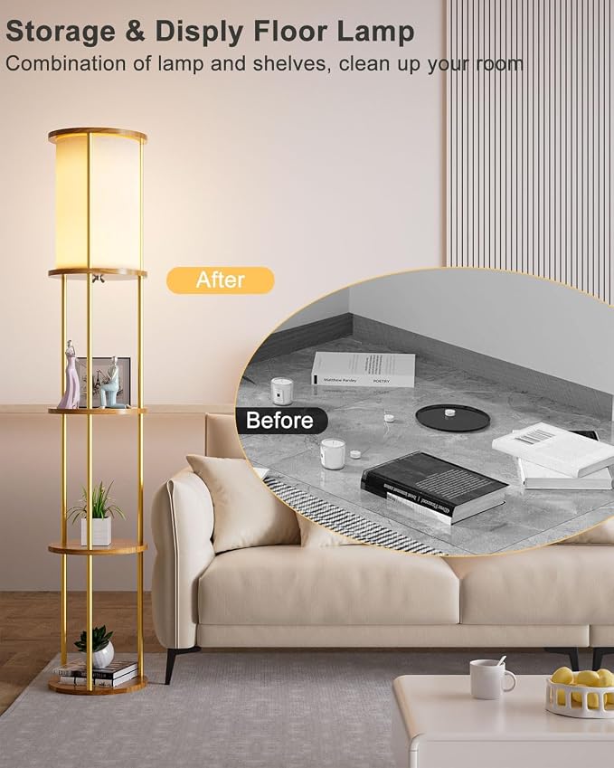 Lightdot 61" Floor Lamp with Shelves, Modern Gold Floor Lamp with Fabric Shade and 3- Tier Solid Wood Table Attached, Corner Bookshelf Lamps with 3000K Bulb Included for Sofa Beside/Corner Decor