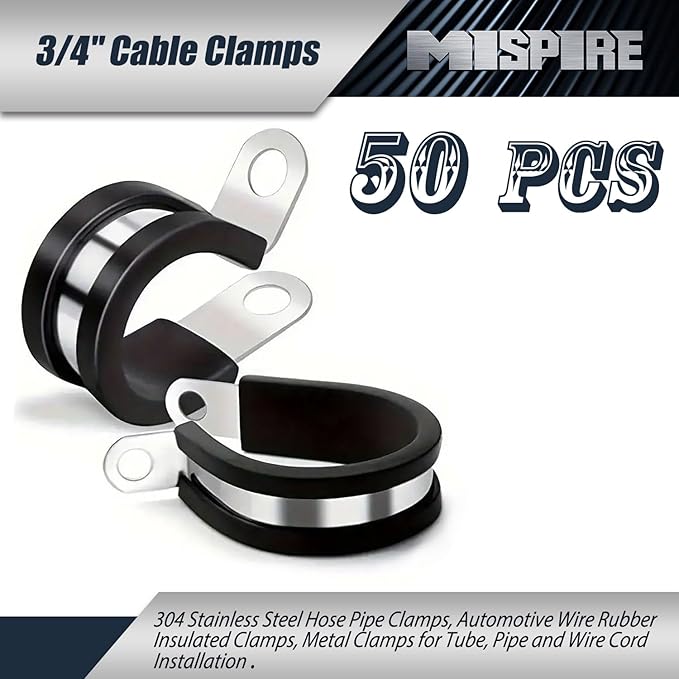 50 PCS 3/4 inch Cable Clamps, MISPIRE Stainless Steel Hose Pipe Clamps, Automotive Wire Rubber Insulated Clamps, Metal Clamps for Tube, Pipe and Wire Cord Installation