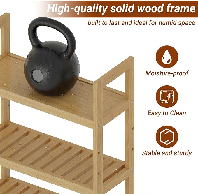 Over the Toilet Shelf, 3-Tier Over Toilet Storage Cabinet with Adjustable Shelves and 4 Hooks, Freestanding Wood Bathroom Organizer Space Saver for Small Bathrooms, Oak
