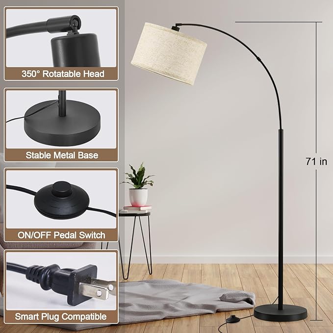 71" Arc Floor Lamps for Living Room, Standing Lamp with Adjustable Head, Tall Pole Lamp with Foot Switch, Arched Reading Light for Bedroom, Office, 9W Adjustable Color Temperatures Bulb Included