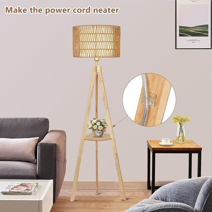 LAMSU Oak Wood Tripod Floor Lamps for Living Room, Boho Floor Lamp with Shelves, Mid Century Rattan Standing Lamp with Fabric Shade, ON/Off Switch, Farmhouse Tall Floor Lamps for Bedroom Office