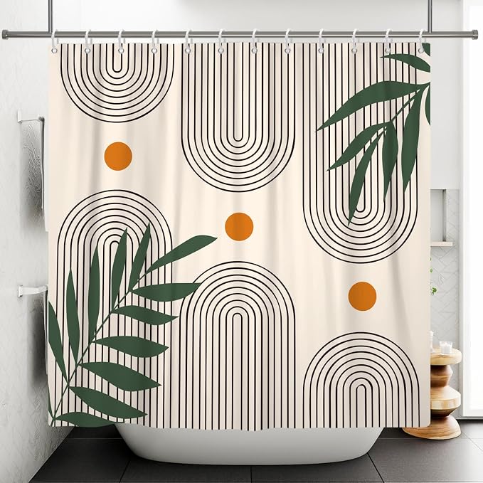 Boho Mid Century Shower Curtain Bohemian Minimalist Geometric Arch Sun Bathroom Curtain Sage Green Plant Polyester Shower Curtain Sets for Bathroom Extra Long 69x70 in with 12 Hooks