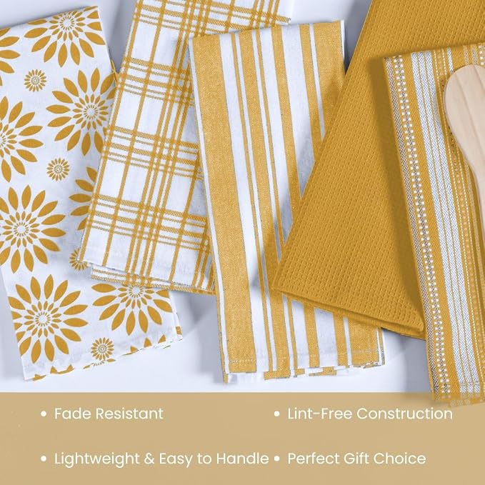 Assorted Kitchen Towels - Mustard Yellow Towels, Set of 5, 16x26 in - Absorbent 100% Cotton Dish Towels with Hanging Loop - Waffle Weave Tea Towels for Drying Dishes, Glassware & Counters