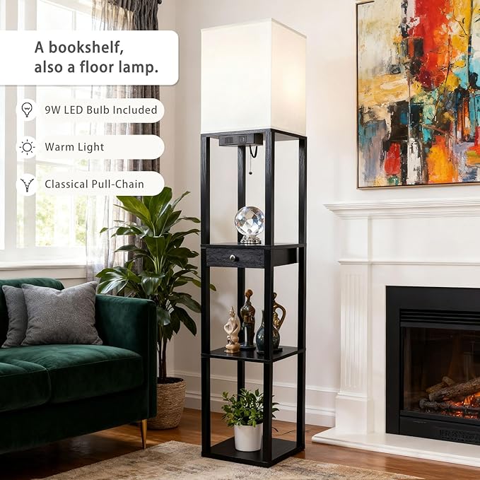Shelf Floor Lamp with 1 Drawer,2 USB-C Ports,1 AC Outlets, Modern Wood Floor Lamp with Storage, Corner Display Standing Lamp for Living Room, Bedroom, Office