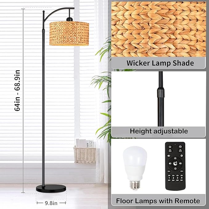 QIYIZM Floor Lamp for Living Room Bedroom Farmhouse Arc Rattan Boho Standing Lamp with Remote Dimmable Black Wicker Bamboo Lamp Shade Floor Light Adjustable Tall Lamp Industrial Floor Lamps Bohemian