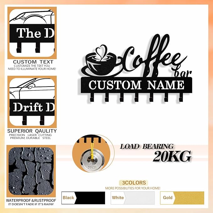 Syneiro Personalized Coffee Key Holder Wall Mount, Custom Metal Keys Holder for Wall with Name, Wall Home Key Hanger Rack with Hooks for Entryway, Front Door, Living Room, Kitchen, Bathroom, Garden
