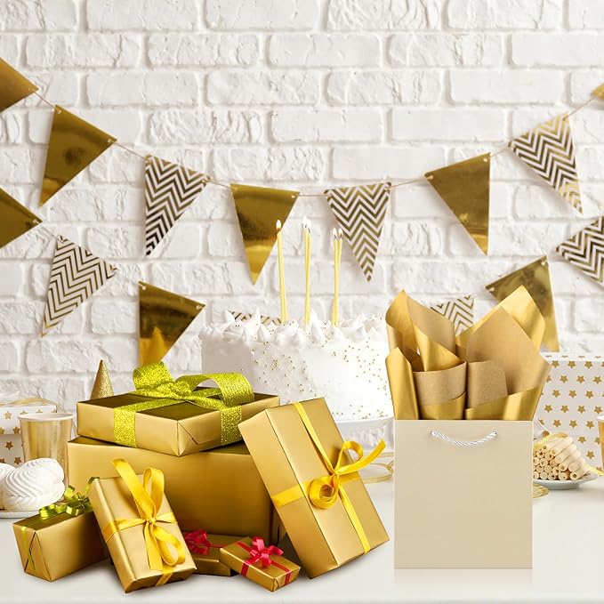 NEBURORA Metallic Gold Tissue Paper - 120 Sheets, 14 x 20 Inches, Bulk Gold Wrap Paper for Gift Bags, Packaging, Floral Filler, Crafts, Christmas, Birthday, Wedding Decor