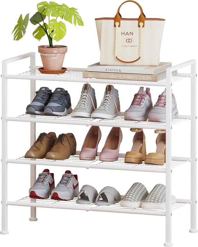 DongRong 4-Tier Shoe Rack,Metal White Shoe Storage Organizer Shelf for Closet,Entryway,Hallway,Dorm (White, 4 Tier)