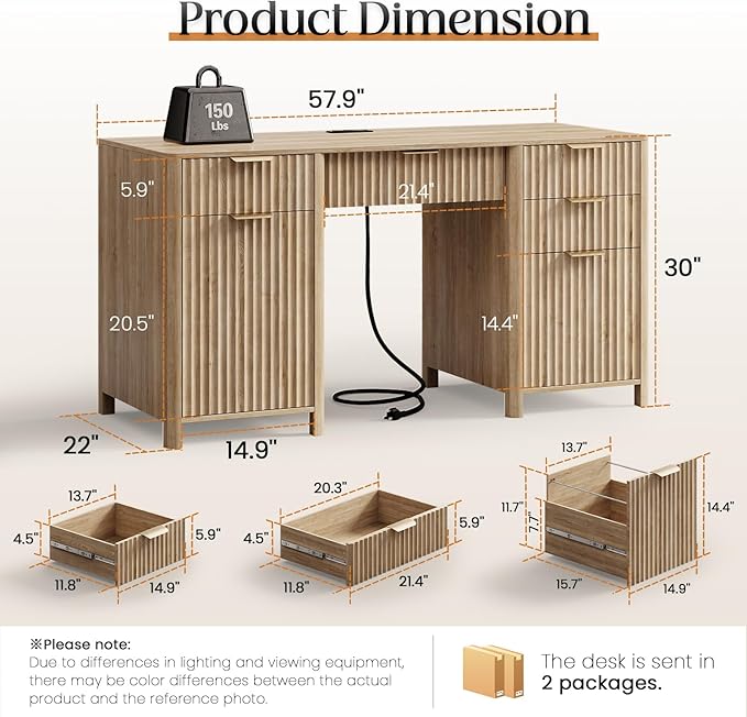 58" Fluted Home Office Desks with Storage, Modern Executive Desk Computer Desks with 5 Drawers & Cabinet, Wood Work Desk File Drawer for Office, Bedroom, Study, Living Room, Oak