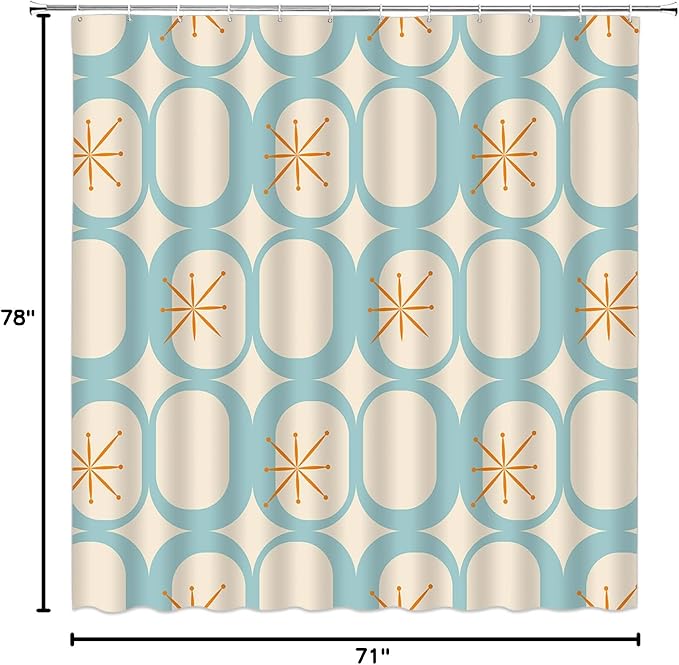 Mid Century Shower Curtain Modern Abstract Atomic Starbursts Squares Retro 50s Geometric Bathroom Decor Polyester Curtains with Hooks