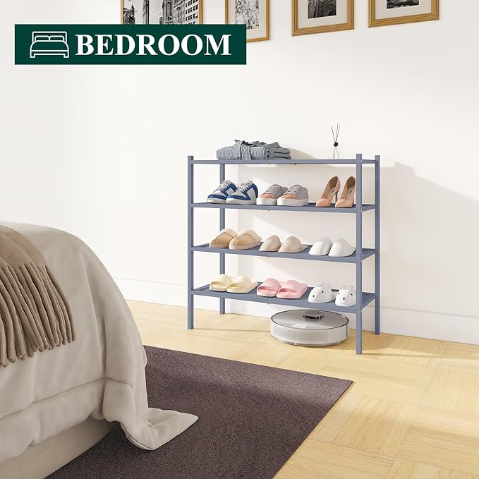 Smiry Bamboo Shoe Rack, 4 Tier Shoe Organizer for Entryway & Closet, Stackable Free Standing Storage Shelf for Shoes, Bags & Plants, Grey