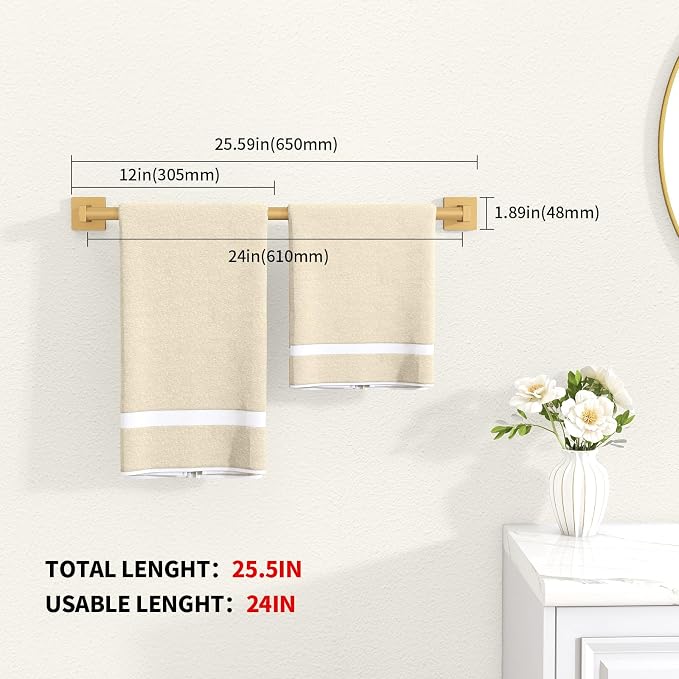 MKO Towel Bar for Bathroom, 24" Towel Racks for Bathroom Hanger Wall Mounted, Hand Towel Holder Rod with Metal for Kitchen Home, Gold 2 Pack