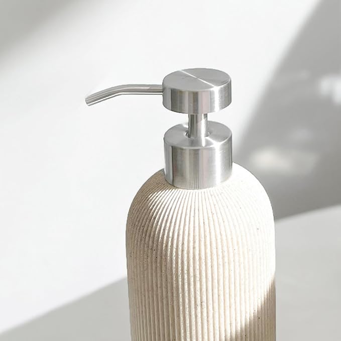 Lunestella Sand Beige Hand Soap Dispenser with Stainless Steel Pump, for Bathroom and Kitchen, Luxury Farmhouse, Boho & Zen Style, Sandstone Finish, Rust Proof, 7oz