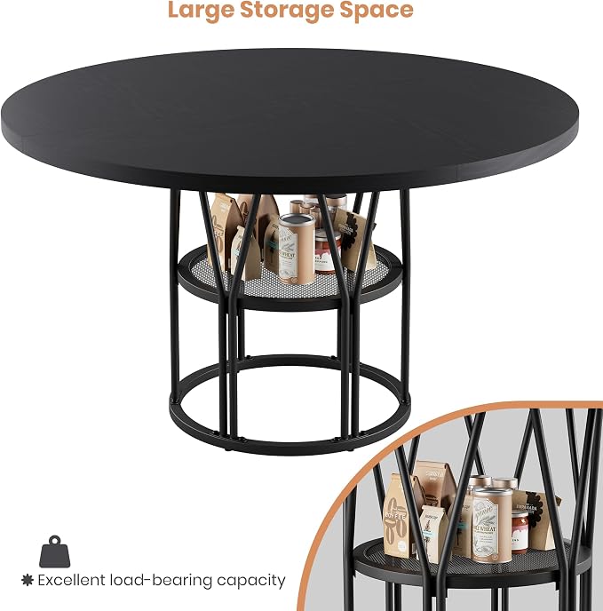 Garvee Round Dinning Table for 4-6 - 47" Circle Dinner Table with Storage Shelf & Sturdy Metal Frame, Modern Breakfast Tea Desk for Kitchen, Living Room, Apartment, Office, Black