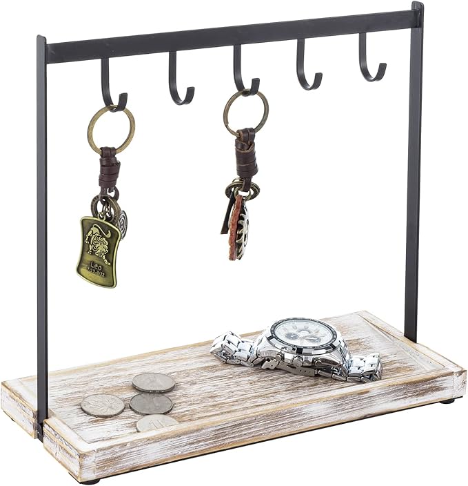 MyGift Black Metal Entryway Key Holder with 5 Hooks and Shabby Whitewashed Wood Base, Tabletop Necklace and Jewelry Organizer Rack with Ring Tray