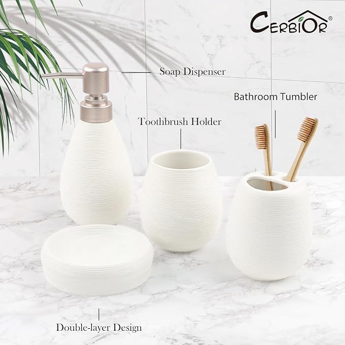 CERBIOR Bathroom Accessories Set,4 Pcs Ceramic Bathroom Decor Accessory,Includes Toothbrush Holder, Toothbrush Cup, Soap Dish for Decorative Countertop and Housewarming Gift(White 4pcs)