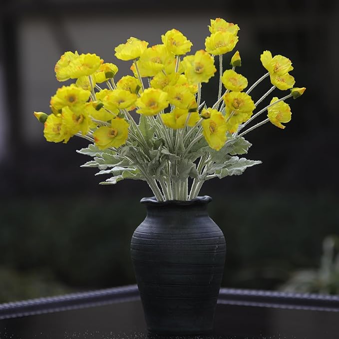 12PCS Poppy Flowers Artificial 13" Real Touch Stems Faux Poppies Silk Flowers for Home Decor Indoor (Yellow)