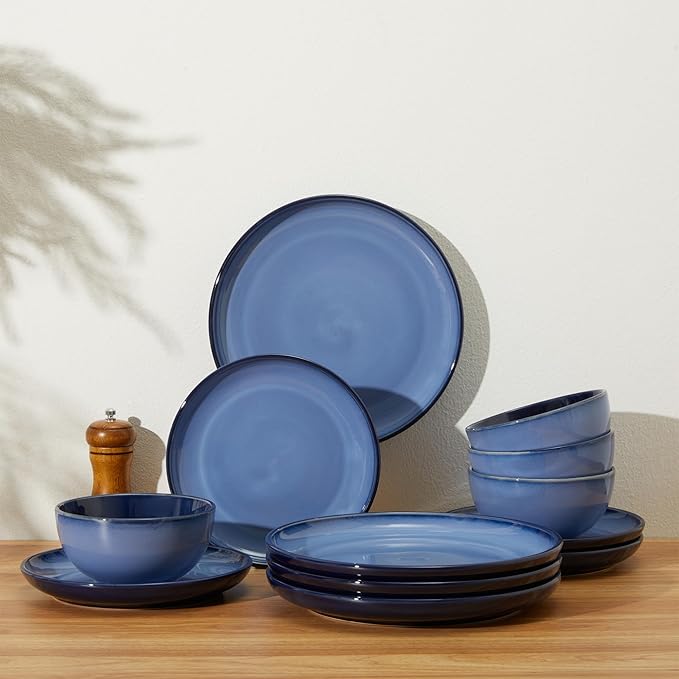 Pokini Stoneware Dinnerware Sets, Ceramic Plates and Bowls Set, Microwave & Dishwasher Safe Kitchen Dish Set, Modern Dinner Plates | Salad Plate | Cereal Bowls for 4, Dishware Sets Blue