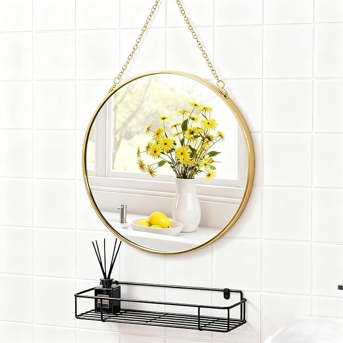 8-inch Modern Round Wall Mirror with Metal Frame and Hanging Chain, Suitable for Entryway, Hallway, or Bathroom Small Gold Metal Frame Mirror (Gold, 8 inch)
