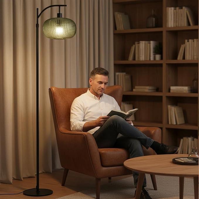 Dark Green Floor Lamps for Living Room,Black Floor Lamp with Remote Control & Green Lampshade,Arc Flower Lamp Dimmable Mid Century Modern Standing Lamp Vintage Brass Tall Floor Lamp For Bedroom Corner