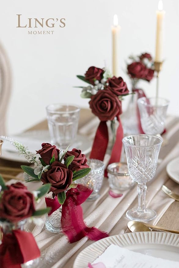 Ling's moment Artificial Flowers Burgundy Rose Buds and Small Roses w/Stem for DIY Wedding Bouquets Centerpieces Arrangements Party Baby Shower Home Decorations