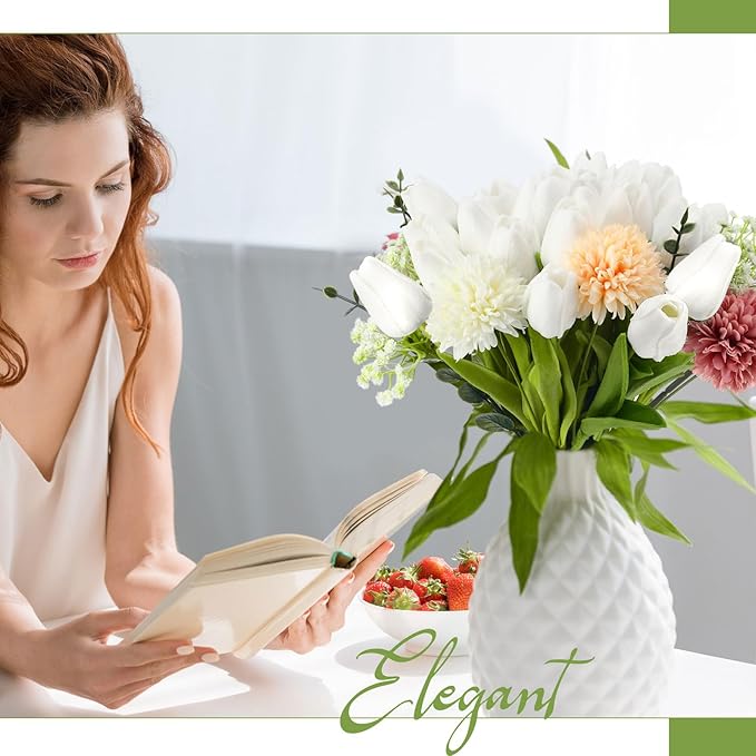 Janinka 60pcs Artificial Tulip Flowers Fake PU Tulips Faux Latex Bouquet Flower Centerpieces Arrangement Floral for Mother Day Wedding Spring Decorations (White)