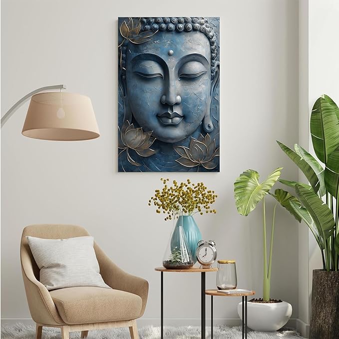 Canvas wall art Golden lotus crown Serene Buddha poster Ethereal blue toned art with delicate floral decor Zen wall art for a tranquil meditation space 24x36in Wood Framed