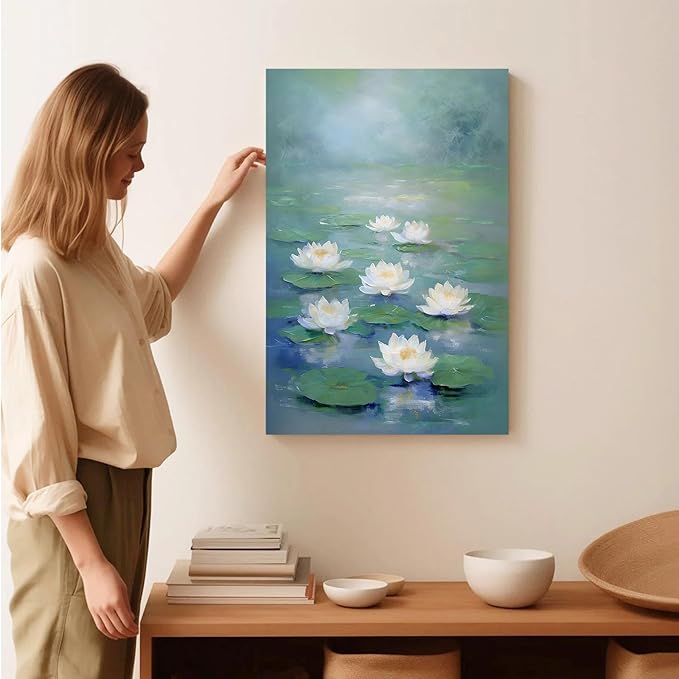 Zen wall art Delicate white lotus flower floating on calm water Vintage oil painting print Serene aquatic wall art creates a tranquil home decor 20x30in Wood Framed