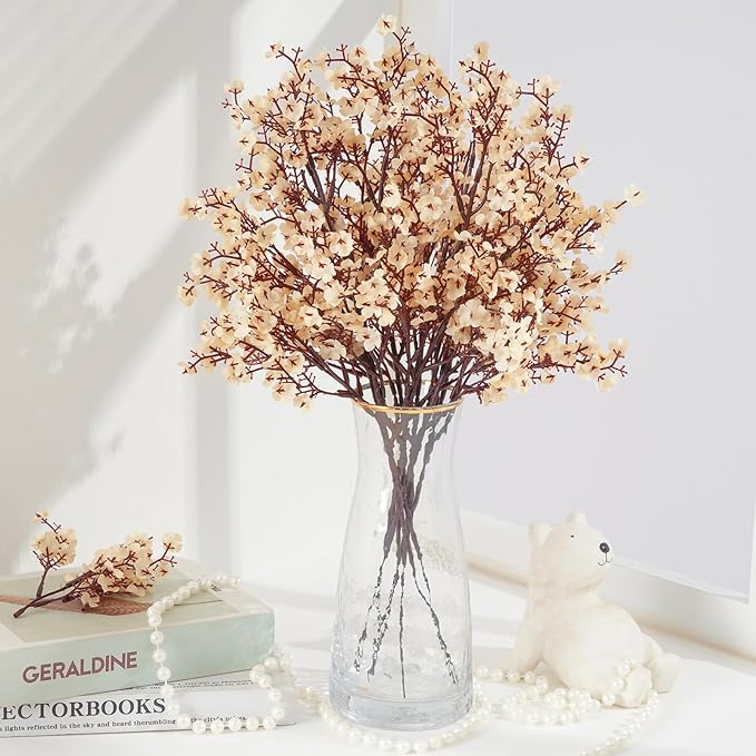 Yastouay 5 Pcs Fake Flowers Artificial Flowers, Real Touch Silk Flowers Faux Artificial Flowers for Decorations, Champagne Babys Breath Artificial Flowers Bulk for Spring Decor Floral Arrangement