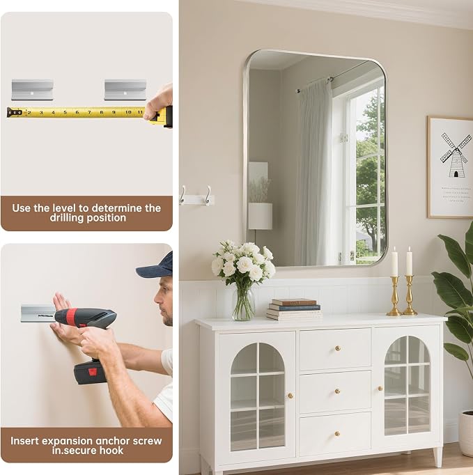 Brushed Nickel Mirror, 24"x36" Rectangle Bathroom Mirror, Metal Frame Rectangle Corner Vanity Mirror, Wall Mounted Mirror for Modern, Living Room, Bedroom, Horizontal Or Vertical