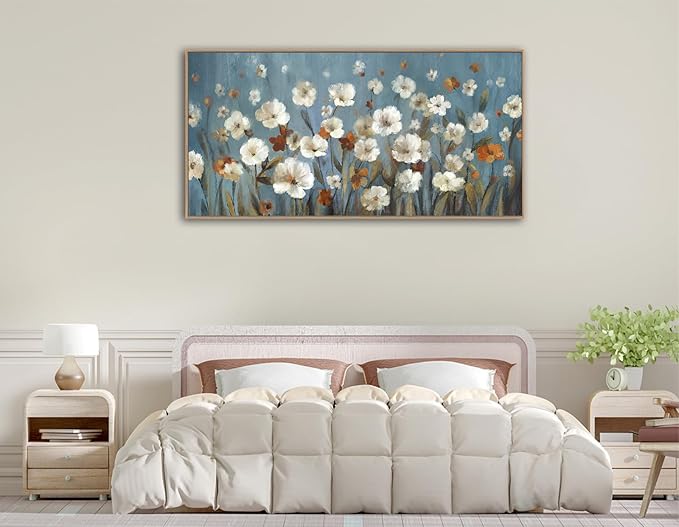 VEAEE Wildflowers Canvas Wall Art, Daisy Flowers Canvas Pictures,Abstract Orange White Floral Blossom Landscape Painting for Living Room Bedroom Kitchen Dining Room Home Office Decor 29"x58"
