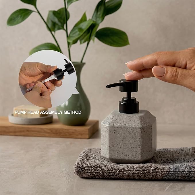 LuxFlowing Elegant Ceramic Soap Dispenser with Pump, Small, Cute and Simple Style, Ideal for Bathroom Hand Soap and Kitchen Dish Soap (Grey)
