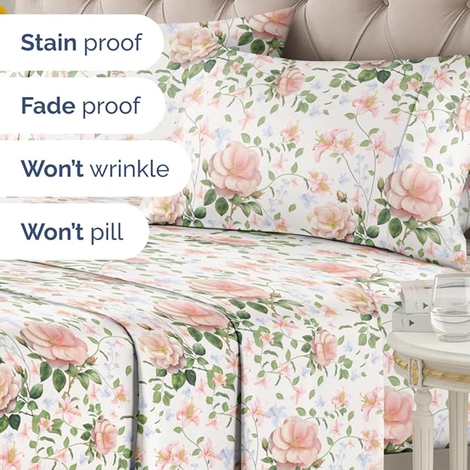 Floral Sheets - Pink Floral Rose Bed Sheet Set - 1 Flat, 1 Fitted & 2 Pillowcases w/ Deep Pockets - Comfy, Wrinkle & Fade Free Boho Botanical Bedding - Ultra-Soft, Breathable & Cooling - Full Size New