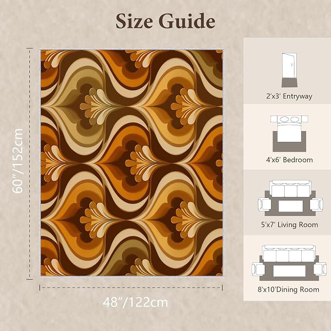 Retro 70s Area Rug 4x5, Mid Century Floral Geometric Rug, Burnt Orange Brown Vintage Carpet for Living Room Bedroom, Non-Slip Washable Area Rug