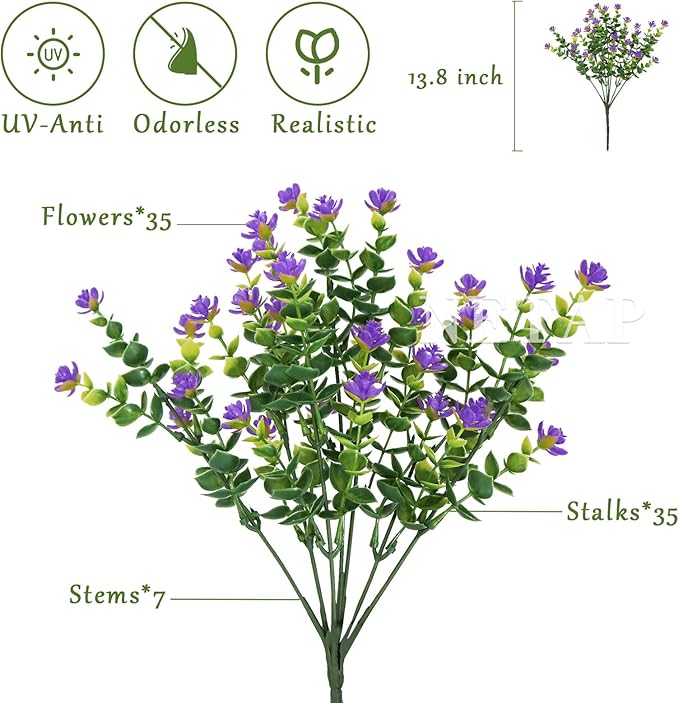 Outdoor Artificial Flowers UV Resistant, 20 Bundles Fake Realistic Floral Greenery Plants for Outside Porch, Window Boxes, Garden, Yard, Inside Home Table Decor, Purple