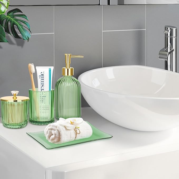 Haturi Bathroom Accessories Set, 4 Pcs Green Glass Bathroom Accessory Set Complete w/Lotion Soap Dispenser, Toothbrush Holder, Qtip Holder, Vanity Tray, Gold Bathroom Decor, Gift for Home Apartment
