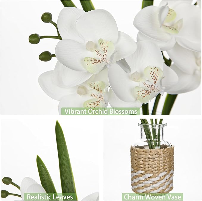 Oairse White Orchids Artificial Flowers with Vase, Small Faux Orchid Arrangement Fake Flower in Woven Glass Vase Small White Centerpieces for Kitchen Dining Room Tables Bathroom Nightstand Decor
