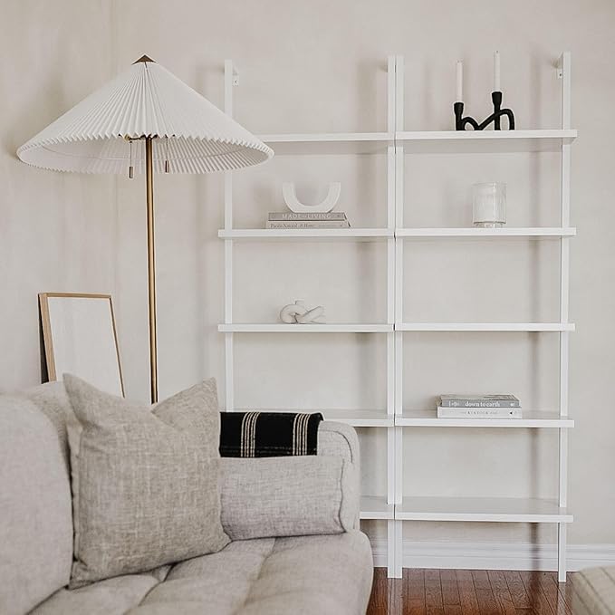 Nathan James Theo 5-Shelf Modern Bookcase, Open Wall Mount Ladder Bookshelf with Industrial Metal Frame, White, Set of 3