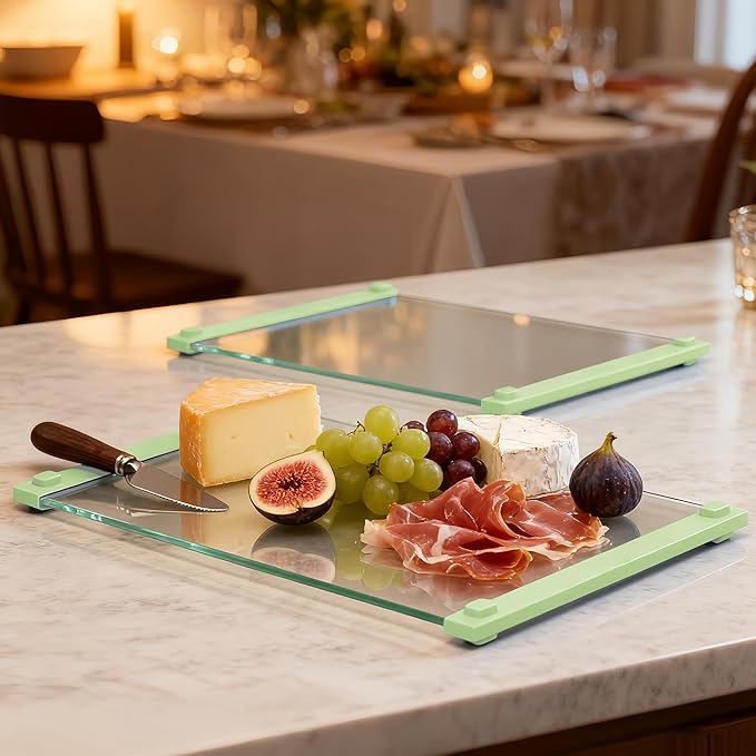 2PCS Glass Cutting Board with Silicone Grip, 80% Stronger Shatter Resistance and Slip Resistance,No Scratches/Microplastic-Free,Dishwasher Safe, Non Toxic Chopping Board for Kitchen (Green)