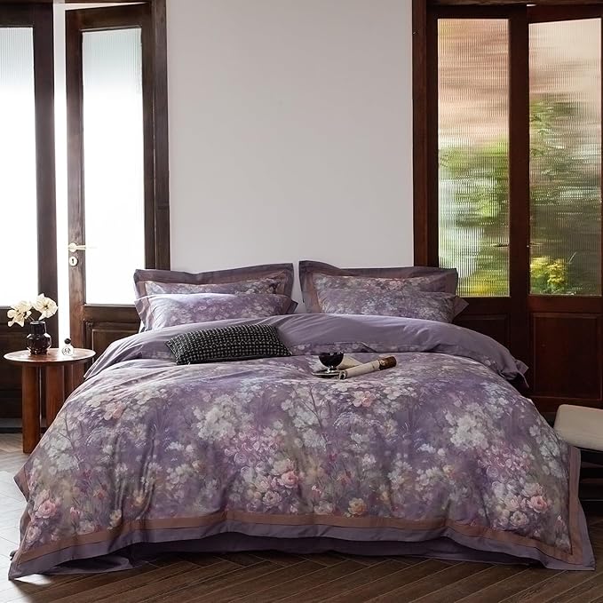 VM VOUGEMARKET Purple Floral Duvet Cover Set Queen,3 Pieces Garden Flower Duvet Cover with 2 Pillow Shams Smooth Silky Long Staple Cotton Bedding Set-Queen,90x90 Inch