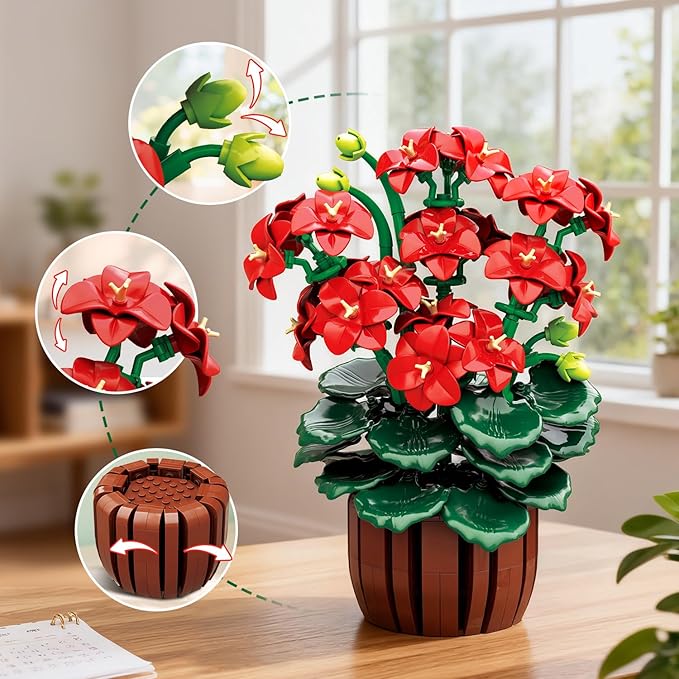 Flowers Geranium Botanicals Building Set - Artificial Bonsai Plants for Home Office Decor Display, 548PCS Geranium Flowers Pot Building Blocks for Adults Women Ages 12+ Gift for Christmas