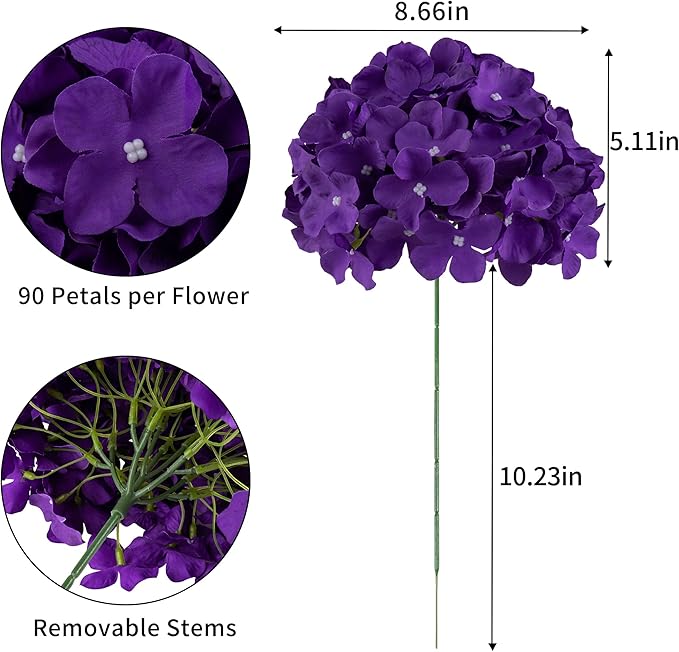 DuHouse Silk Hydrangea Artificial Flower Heads with Stems Fake Hydrangeas Flowers for DIY Wedding Centerpiece Home Decor,Pack of 6 (Violet)