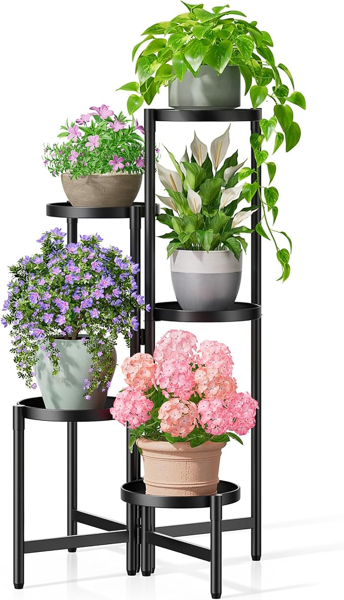 Tall Plant Stand Indoor Outdoor, Corner Metal Flower Pot Stands for Multiple Plants, 5 Tier Heavy Duty Plant Shelf for Patio Garden Balcony Living Room Bedroom - BlackDisk